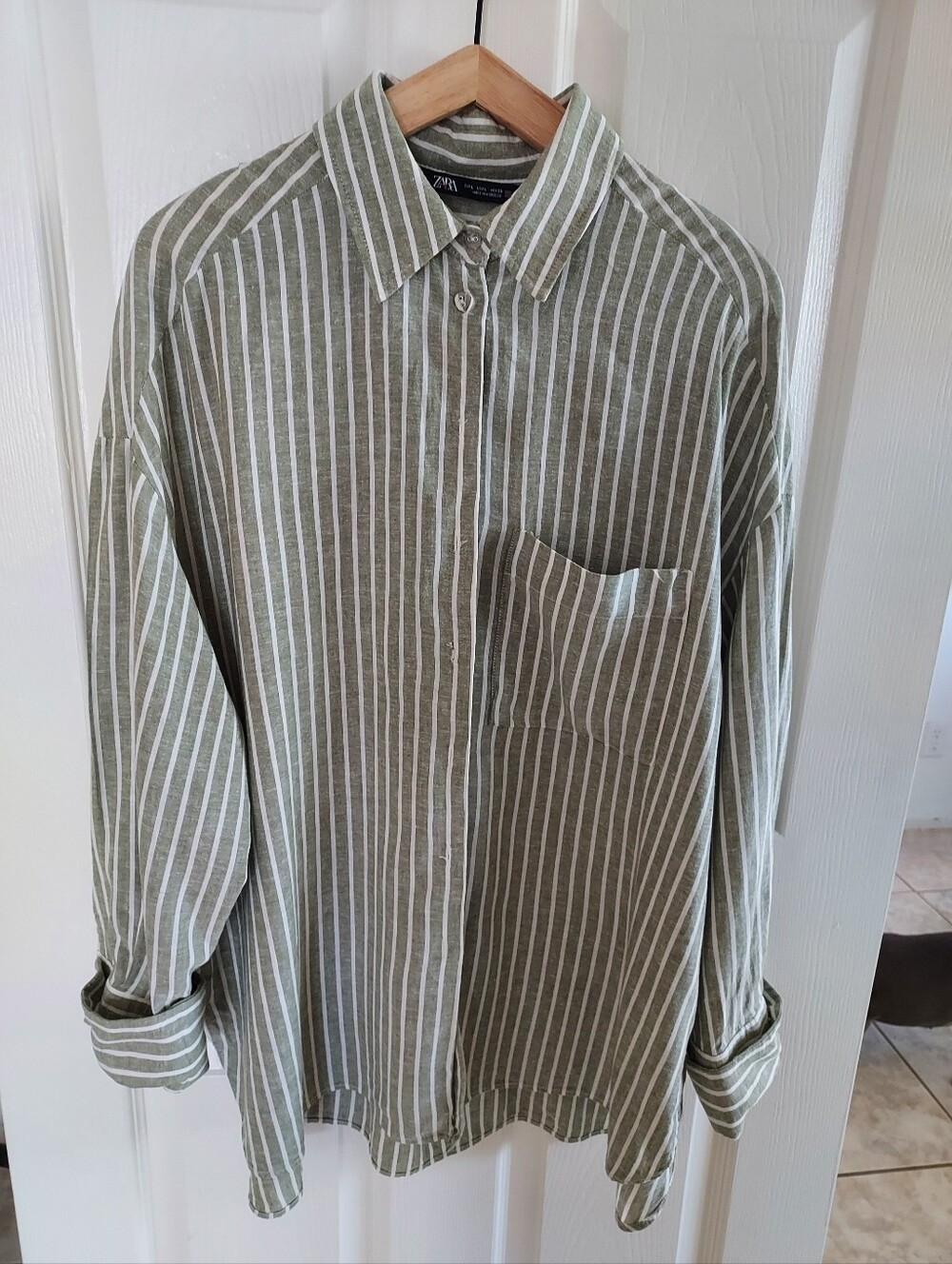 Zara Olive & White Vertical Stripe Button-Down Shirt - Picture 1 of 5